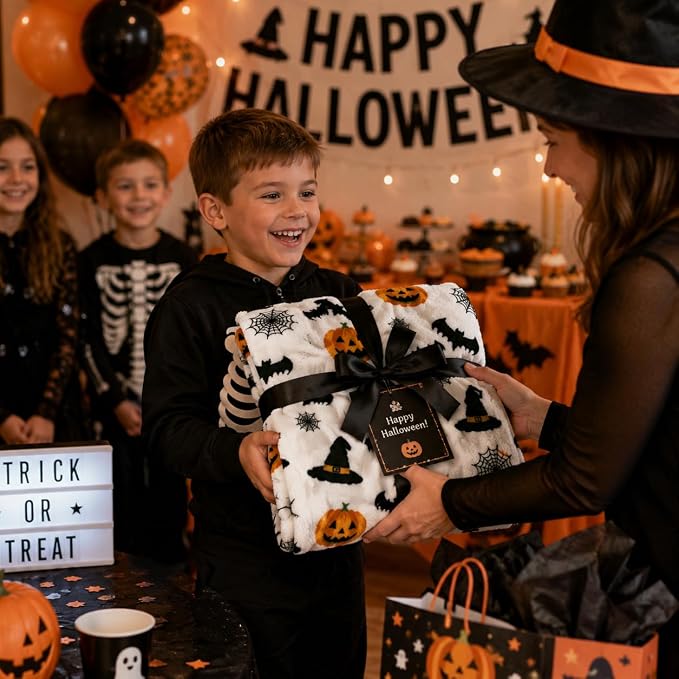 Halloween Fleece Throw Blanket, Witch Hat, Bats, Webs & Pumpkins, 50x60 in | Ultra-soft cozy flannel fleece, for sofa couch bed chair & dorms, spooky Halloween décor, durable and machine washable.