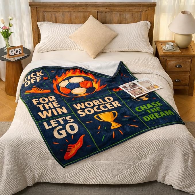 Soccer Throw Blanket, Navy Sports Motivational Blanket, Soft Flannel Soccer Fan Quote Blanket for Couch Bed, Kick Off Goal Football Gift for Men Women Kids