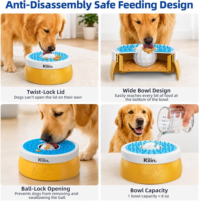 KILIN Slow Feeder Dog Licking Bowl with Rolling Ball,4 Non-Slip Pads,8fl oz