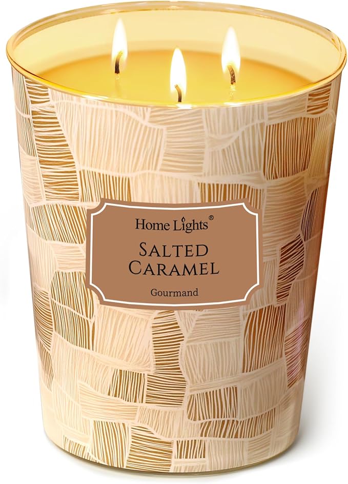 HomeLights Large jar Candle | 3-Wick Long-Lasting Scented Candles, 34oz Natural Soy Wax Candle for Home Scented, Rustic Modern Gifts for Women & Men, Salted Caramel