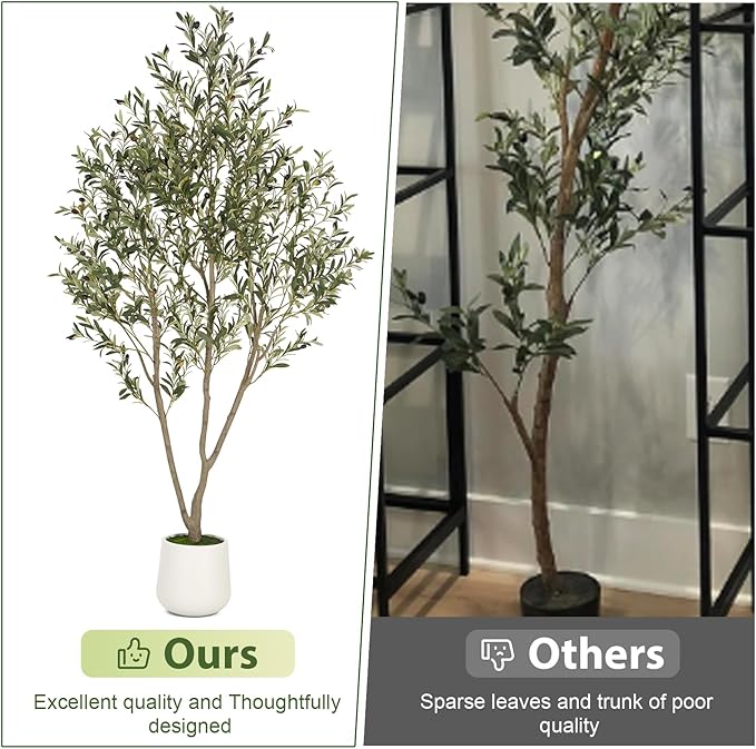 VIVATREES Olive Trees Artificial Indoor, 7FT Tall Faux Olive Tree with White Tall Planter, Artificial Plants with Natural Wood Trunk and Lifelike Fruits for Home Office Decor