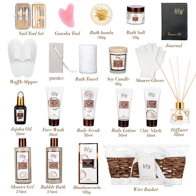 Mothers Day Gift Basket for Mom, Gifts for Women - 28Piece Coconut Vanilla Spa Gift Basket for Women & Men, Bath and Body Skin Care Gift Set for Birthday, Christmas Gifts, Spa Kit Self Care Gift