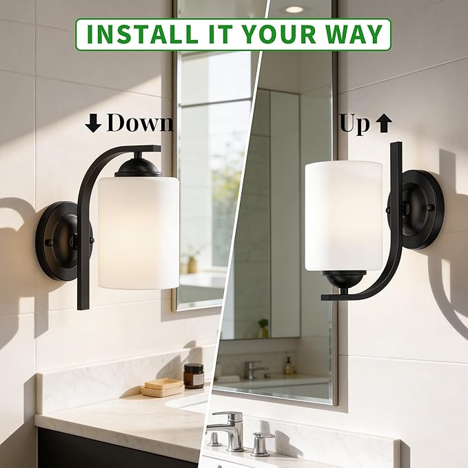 Wall Sconces Lights for Bedroom Bathroom, Modern Vanity Light Fixtures, Matte Black Farmhouse Wall Mount Lighting, Hardwired Wall Lights with Glass Shade for Living Room Mirror Hallway