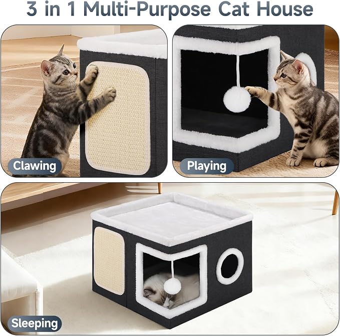 Shikha Cat House Bed for Indoor Cats with Fluffy Ball and Scratch Pad Black | Foldable Large Cat Cave Hideaway with Cozy Condo, Hide and Seek Window, Holds Up to 30LBS, All Season Reversible Cushion
