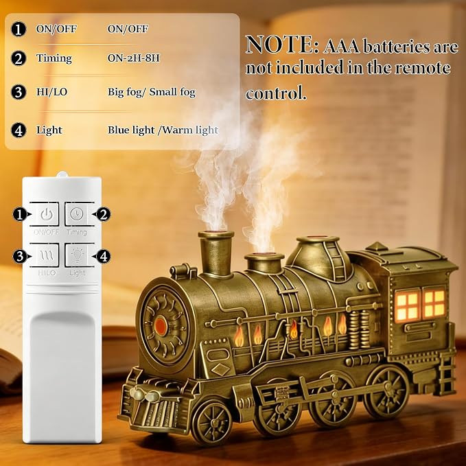 Train Diffuser 300ML Essential Oil Diffuser Cool Mist Humidifier Aroma Diffuser,2 Color Light 2 Mist Modes,3-in-1 Vintage Steam Train Diffuser Humidifier with Remote Control,Home Decor & Gift (Copper)