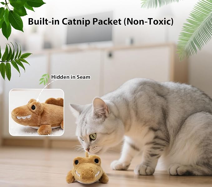 Interactive Cat Toys for Indoor Cats – Auto Moving Alligator with 360° Random Movement & Tail Wagging, Rechargeable Cat Exercise Toy with Catnip, Self-Play Fun for Bored Adult Cats-Brown