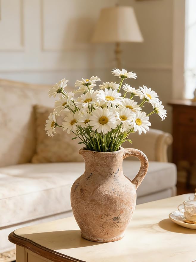 Kanwone Ceramic Flower Vase with Handle, Farmhouse Rustic Decorative Terracotta Vase for Home Decor, Centerpiece, Living Room, Kitchen, Table, Dining Room, Retro