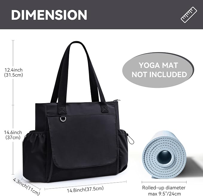 WLLWOO Gym Tote Bag Thick Yoga Mat Bag with Breathable Mesh Holder Carryall Waterproof Wet Pocket for Pilates Travel Beach Workout Women