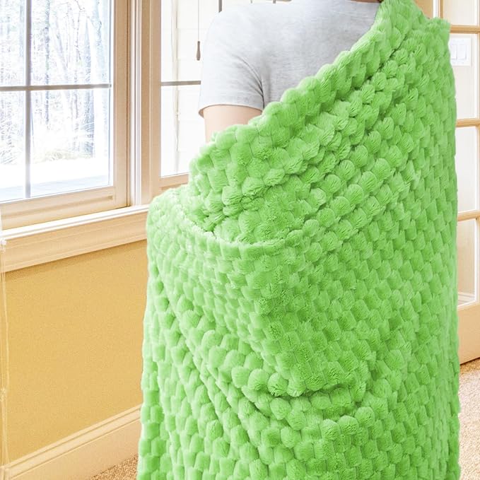 Vessia Flannel Fleece Twin Size Blanket(60x80 inch), 3D Jacquard Light Green Fuzzy and Warm Blanket for Couch, Sofa, 300GSM Super Soft Touch Cozy Lightweight Bed Decor for All-Season