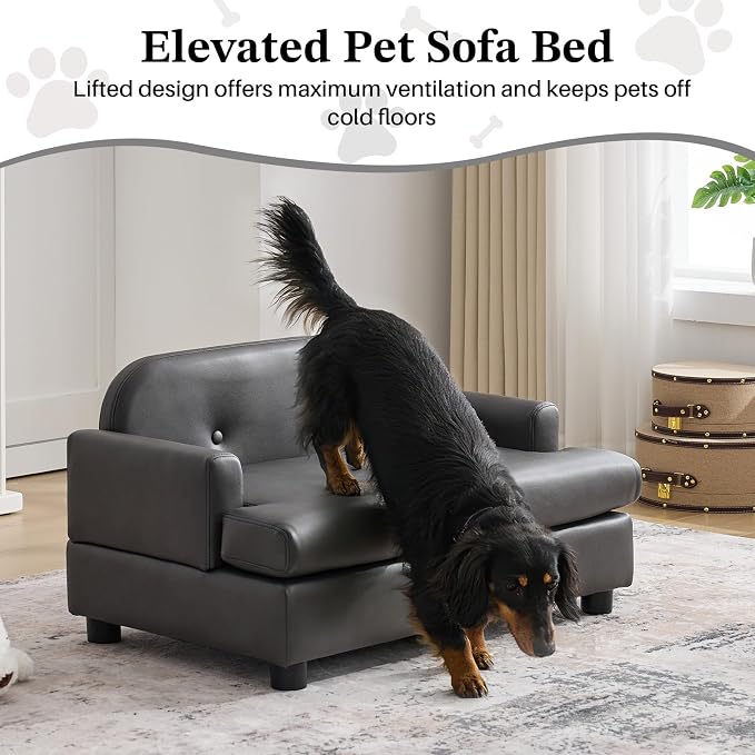 Luxury Dog Sofa Bed Elevated Pet Couch with Durable Waterproof Leather | Dog Couch with Orthopedic Sponge, Modern Furniture Style Dog Lounge & Pet Bedside Step, for Small/Medium Dogs/Cats, Gray