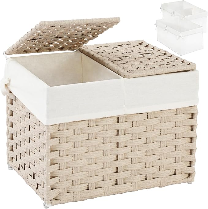 SETVSON Storage Basket with Lid, 2-Lid PE Rattan Storage Bin, Light Khaki | Dual Lid Small Items & Accessories Organizer, Divided Sock & Underwear Bin, 2 Washable Liner Bags, Small Collapsible Trunk