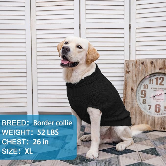 Mihachi Turtleneck Dog Sweater - Winter Coat Apparel Classic Cable Knit Clothes with Leash Hole for Cold Weather, Ideal Gift for Pet in New Year Black Medium