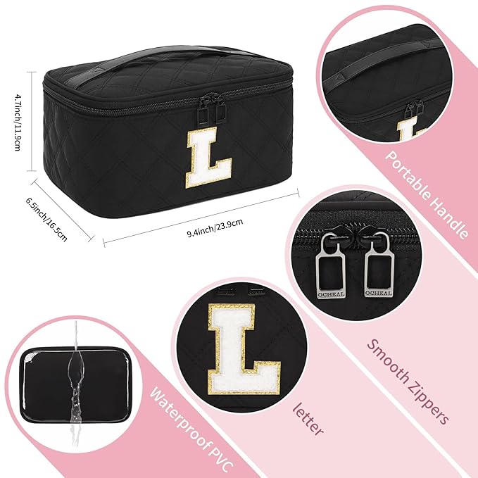 OCHEAL Makeup Bag Valentines Day Gifts for Women, Monogram Cosmetic Bag Black Travel Makeup Case Beauty Toiletry Bag Organizer Personalized Gifts for Girls Bridesmaid, Sister, Wife, Friends Initial L