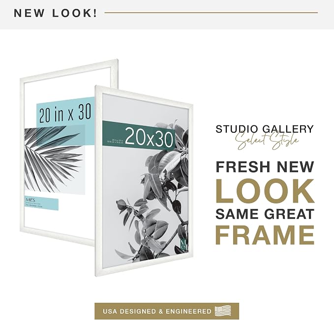 MCS Studio Gallery 20x30 Poster Frame White Woodgrain Engineered Wood, Vertical & Horizontal Wall Hanging Large Picture Frame for Photos, Posters & Art Prints (1-Pack)