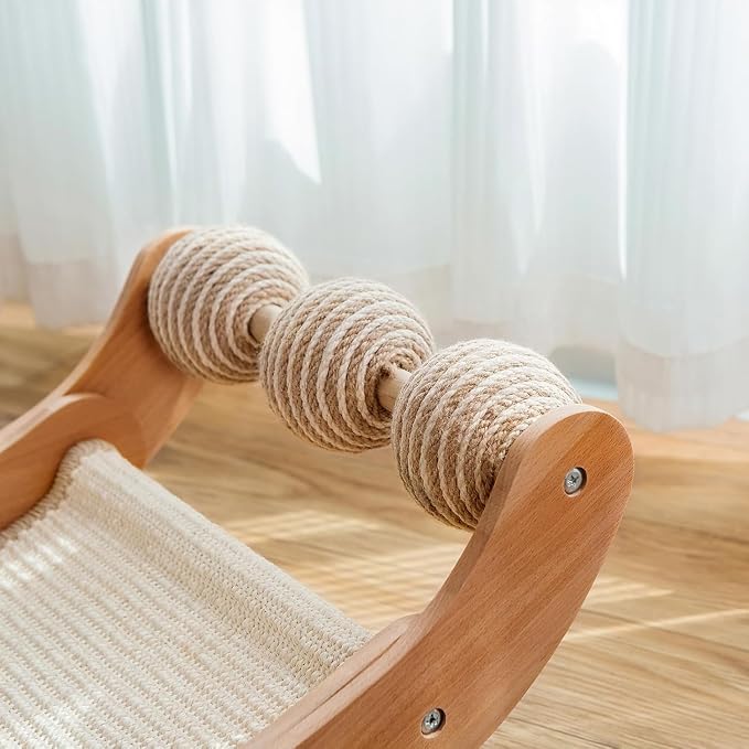 Sisal Cat Scratcher Bed with 3 Ball, Hammock Lounge Indoor Cats | Scratch Pad & Furniture Protector, Modern Wood 3-In-1 Multi-Use for Scratching, Resting & Playing Large Cats Space-Saving