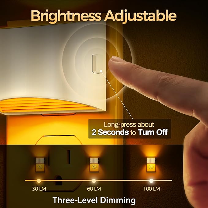 Night Light, Night Lights Plug into Wall, Adjustable, Amber | 3 Level Brightness Adjustable Night Light, Dusk to Dawn Sensor Nightlights for Adults, Bedroom, Bathroom, Hallway, 4 packs