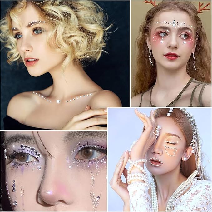 Rhinestone Face Gems Stickers, 4 Sheets Self-Adhesive Face Jewels Diamonds Rhinestones for Makeup Stickers, Body Face Eye Nail Makeup Stickers Temporary Tattoos for Women and Girls