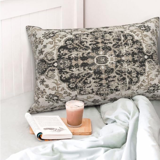 Boho Pillow Covers 12x20 Inch Set of 2,Carpet Pattern Throw Pillows Case,Black White Grey Ethnic Design Outdoor Decorative Lumbar Linen Farmhouse Decor Cushion Covers for Home Sofa Bed Couch