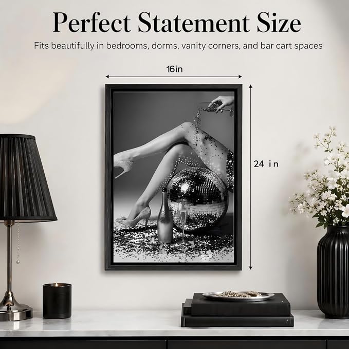 Framed Black and White Fashion Canvas Wall Art Trendy Women Disco Ball High Heels Wine Glass Picture Wall Decor Luxury Feminist Poster Print for Girl Bedroom Bar Cart Dorm Home Decoration 16x24in