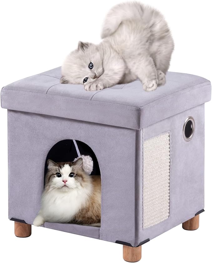 BRIAN & DANY Cat House for Kitten,Cat Beds for Indoor Cats with Fluffy Ball Hanging and Scratch Pad, 14.7" x 14.1” x 12.7”, Light Gray