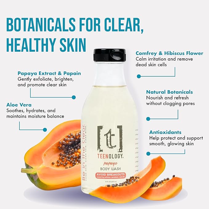 Teenology Body Wash for Teens, Avoid Acne Breakouts, Sulfate & Paraben Free, with Natural Botanical Extracts for Clear & Healthy Skin, 16 oz - (Fresh Papaya)