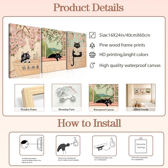 Japanese Bathroom Wall Art Set of 3, Cute Black Cat Bathtub Wall Decor, Funny Animal Reading Newspaper Canvas Prints for Bathroom Bedroom Laundry Room 16x24 inch Framed