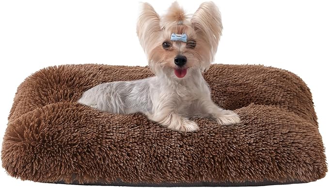 EHEYCIGA Fluffy Dog Crate Bed for Small Dogs, Plush Crate Pad, Coffee | Calming Anti Anxiety Small Dog Bed, Washable Soft Warm Faux Fur Crate Mat with Non-Slip Bottom