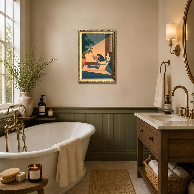 Funny Frog Bathroom Wall Art, Cute Japanese Frog in Toilet Wall Decor, Whimsical Green Animal Restroom Poster Canvas Painting Prints Artwork 12x16 inch Gold Framed