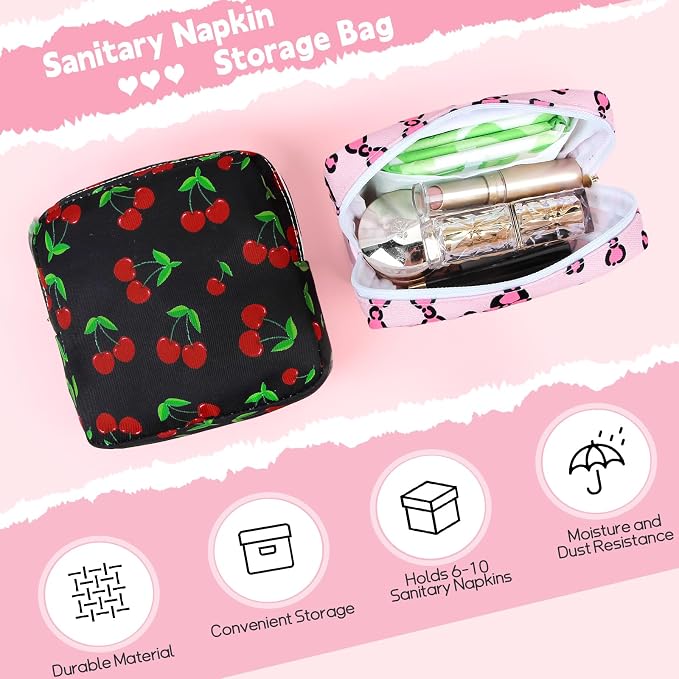 Sanitary Pad Storage Bag Portable Period Bag for Teen Pads/Sanitary Napkins/Small Tampons, Sanitary Napkin Storage Bag First Period Gifts for Teen Girls (Red Cherries)