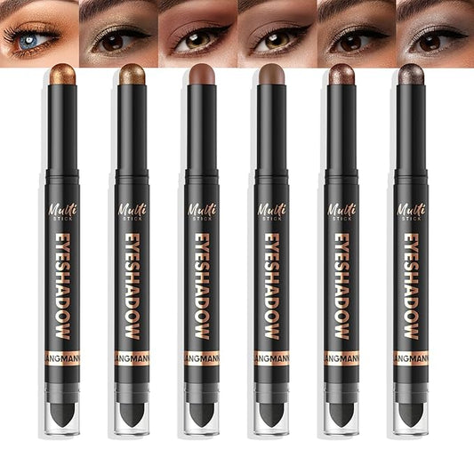 LANGMANNI 6Colors Dual-Ended Cream Eyeshadow Stick Set – Silky Smooth, Waterproof & Transfer-Proof, Built-in Blender Brush, All-Day Matte & Shimmer Wear Eye Makeup(#11+12+13+14+15+16)