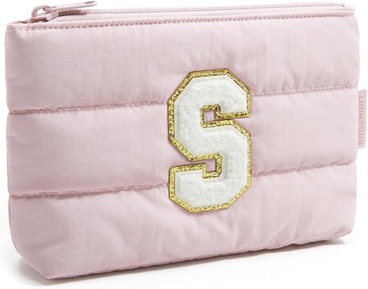 BAGSMART Personalized Makeup Bag with Initial, Pink Small Cosmetic Travel Organizer, Water-Resistant Pouch for Women & Teens for Bridesmaid Graduation (Initial-S, Small)