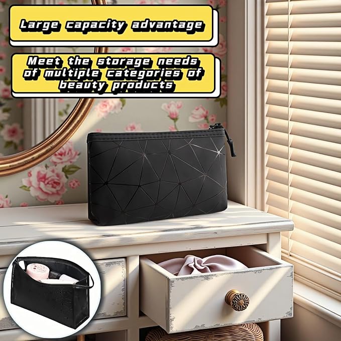Btolin Geometric Pattern Cosmetic Storage Bag Leather Period Pouch for Women & Teens - Waterproof Small Makeup Bag | Portable Menstrual Pad/Tampon Holder | Black Travel Organizer