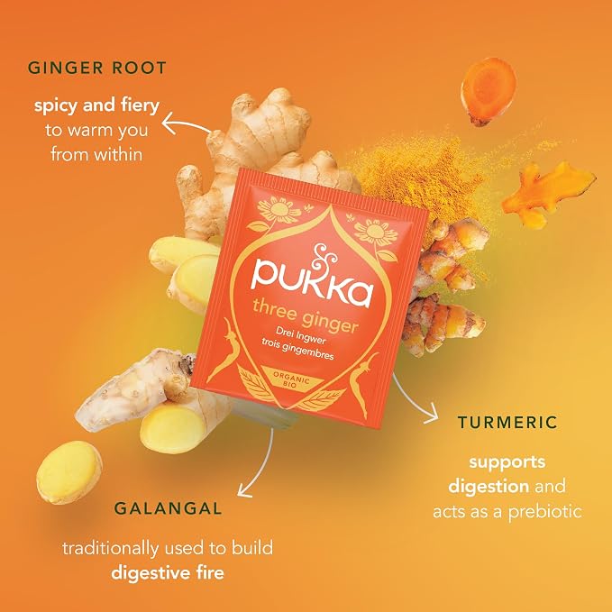 Pukka Three Ginger Organic Herbal Tea Bags 80 Count 4-Pack Caffeine Free Digestive Wellness Infusion with Turmeric Galangal Licorice for Digestion and Bloating Relief