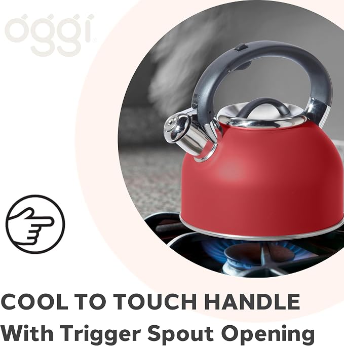 OGGI Tea Kettle for Stove Top - 64oz / 1.9lt, Stainless Steel with Loud Whistle, Ideal Hot Water Kettle and Water Boiler - Brick Red