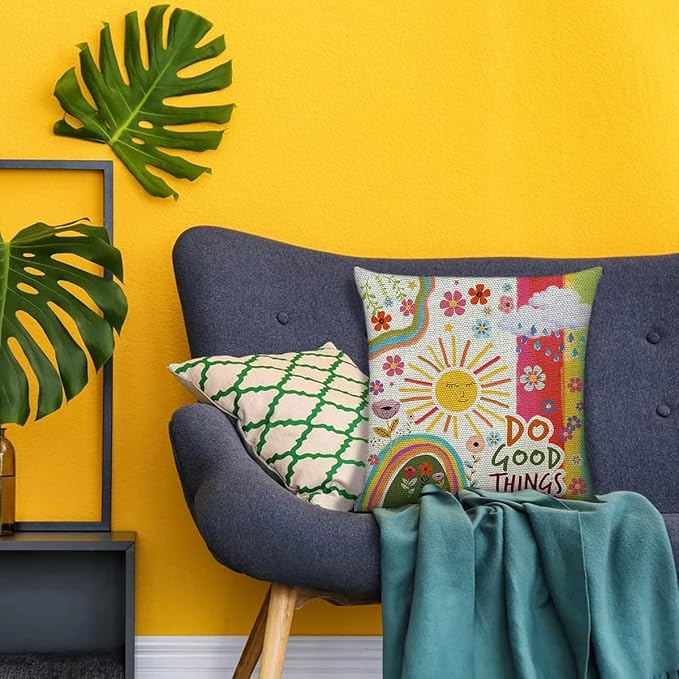 Littlefa Colour Sunshine Throw Pillow Cover Decorative Boho Pillowcase | Do Good Things Kindness Pillow Cover for Couch Sofa, Inspiring Gifts, 18×18 In