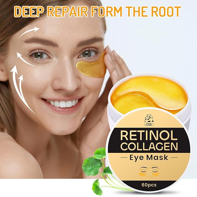 Eye Patches for Dark Circles and Puffiness with Retinol, Collagen, Vitamin C, Hyaluronic Acid - 60pcs Anti Aging Under Eye Masks for Undereye Brightening, Hydrating, Anti-Wrinkle & Cooling (Golden)