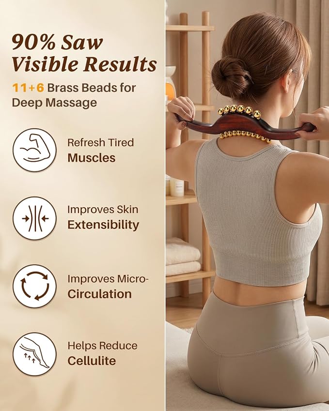 ONUEMP Sandalwood Gua Sha Muscle Scraper Tool with 17 Brass Beads, Wood Therapy Massage Tools Maderoterapia Kit for Lymphatic Drainage Body Sculpting, Deep Tissue Cellulite Massager Fascial Release