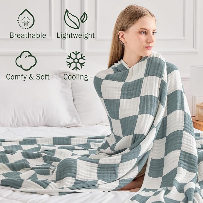 EMME Cooling Muslin Queen Blanket for Bed - Checkered Lightweight Summer Cotton Blankets of Rayon Derived from Bamboo for Hot Sleepers, Ultra Soft Breathable Gauze