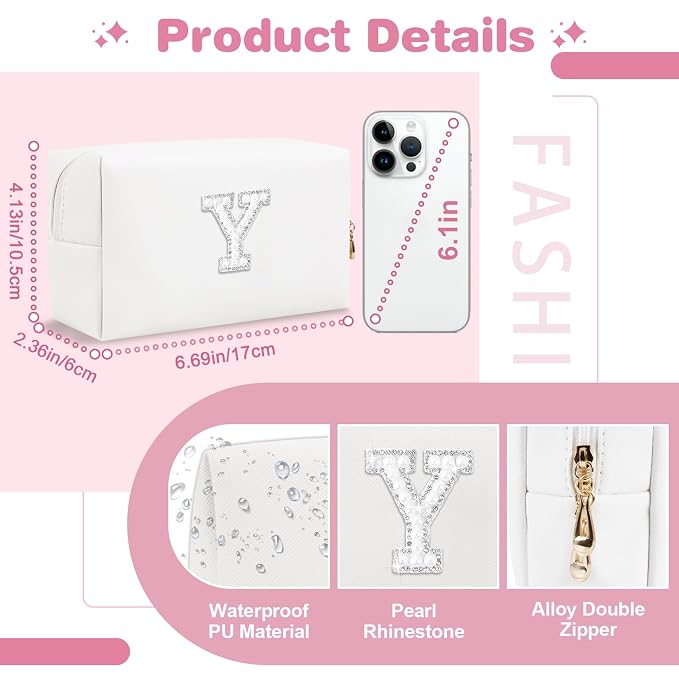 Bride Gifts – Personalized Initial Makeup Bag with Pearl Rhinestone Patch, Preppy White Monogram Cosmetic/Toiletry Pouch, bridesmaid Gifts, Bridal Shower Gifts, Wedding Gifts, Bridal Gifts,Y