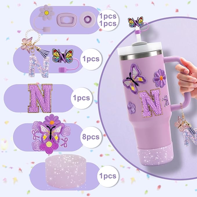 15PCS Cup Accessories Set for Stanley Cup 30oz 40oz Tumbler with Handle, Including Silicone Straw Cover and Boot, Spill Proof Stopper, Stanley Charms, Handle Charm, Initials Sticker