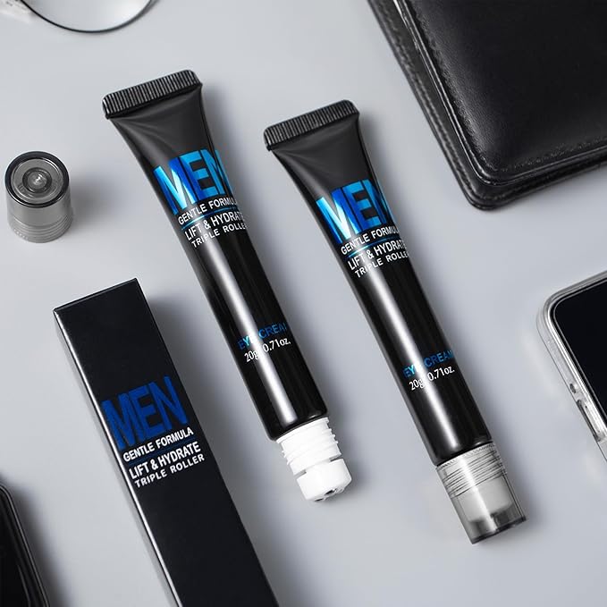 Men Eye Cream, Men's Under Eye Cream For Puffy Eyes & Dark Circles Treatment, Hydrating Triple-Roller Massage Designed, Firming, Soften Fine Lines, Cooling Stick For Puffiness Reducer 0.71oz.