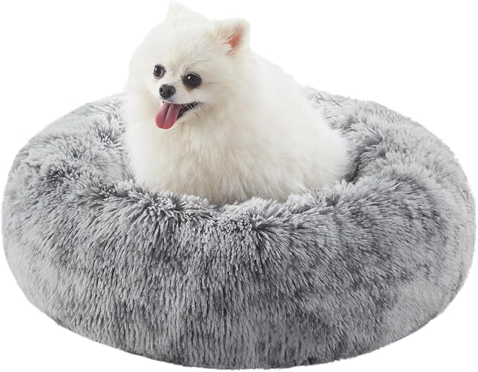 23 inches Faux Fur Fluffy Donut Dog Bed for Small Dogs,Dark Grey | Calming Plush Round Puppy Pet Bed with Removable & Washable Cover,Fits up to 25 lbs Pets