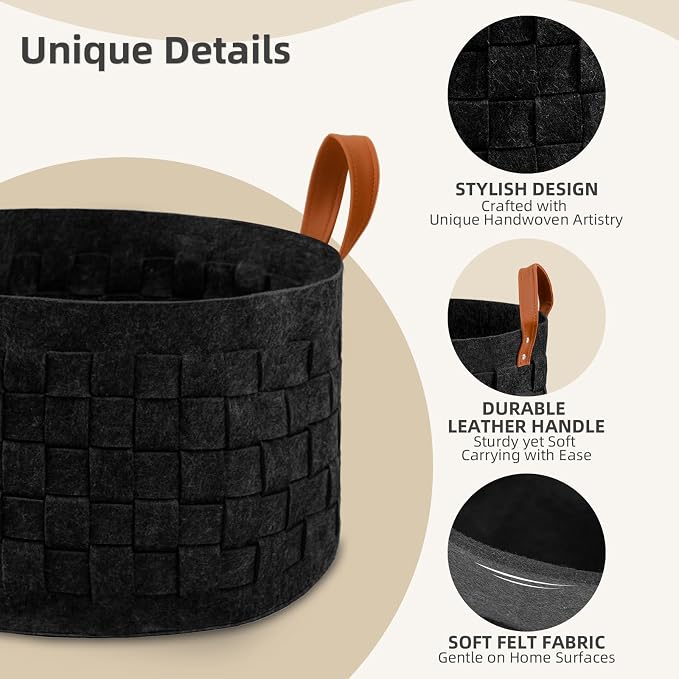 Laundry Basket 20 " x20 x11.8 , Large Round Blanket Basket with Leather Handle, Felt Storage Basket for Living Room, Nursery, Dog Toys-Dark Gray