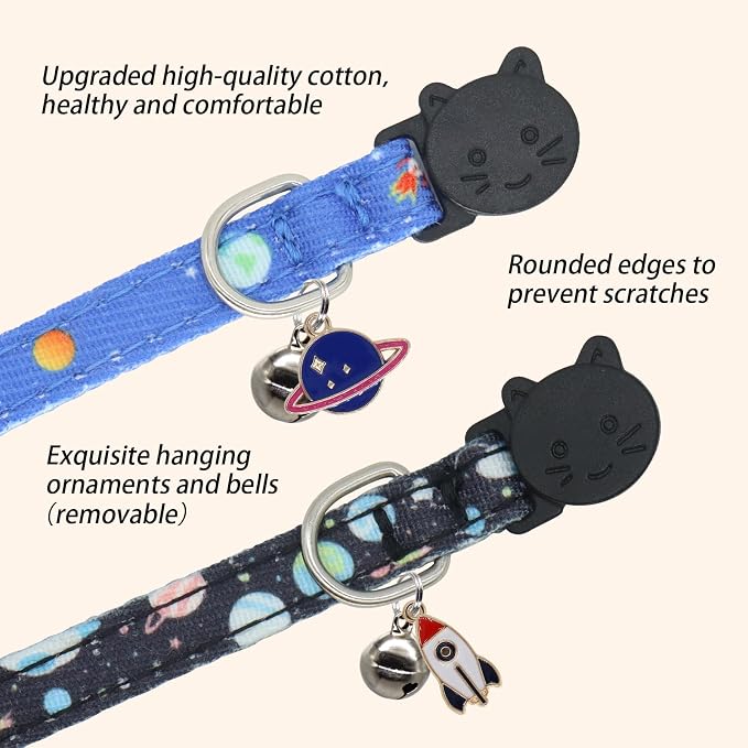Cat Collar Breakaway, 2 Pack Cotton Kitten Collars with Bells and Removable Charms, Cute Planet Shaped for Indoor Boy, Girl and Adult Cats