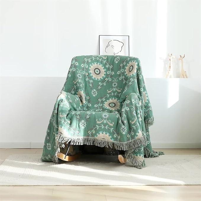 LUTBM Boho Throw Blanket for Bed 60"x80", 100% Cotton Soft Couch Blankets | Reversible Floral Jacquard, All-Season Twin Quilt, For Chair Sofa Living Room, Lightweight & Breathable Gauze, Home Decor