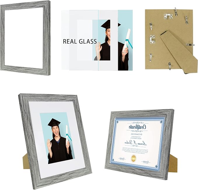 Hongkee 8.5 x 11 Picture Frame Set of 4, Made of Real Glass and Grey Certificate & Diploma Frame, 8.5 by 11 Photo for Wall or Tabletop - Display Picture 6x8 with Mat or 8.5x11 Without Mat