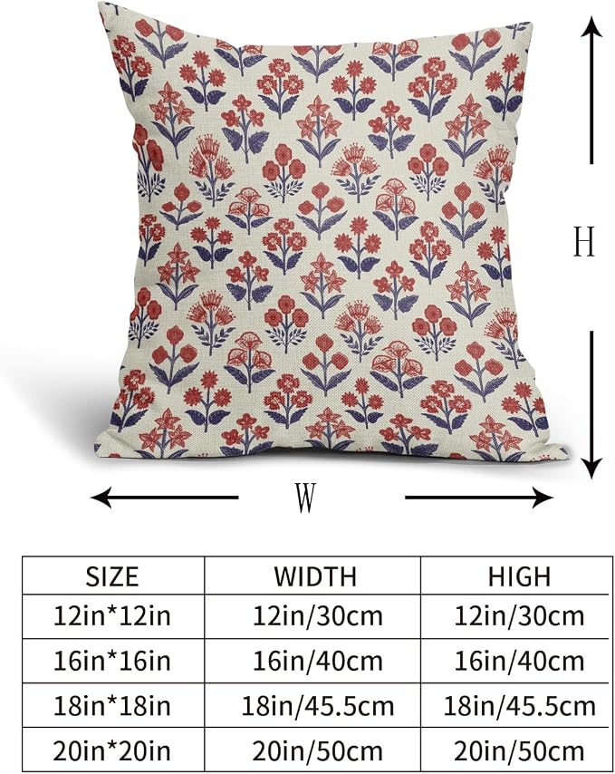 4th of July Patriotic Floral Block Print Pillow Covers 16x16 Inch Set of 2, Navy Blue Red Vintage Flower Decorative Throw Pillowcases Outdoor Memorial Day Cushion Covers Holiday Sofa Couch Bed Decor
