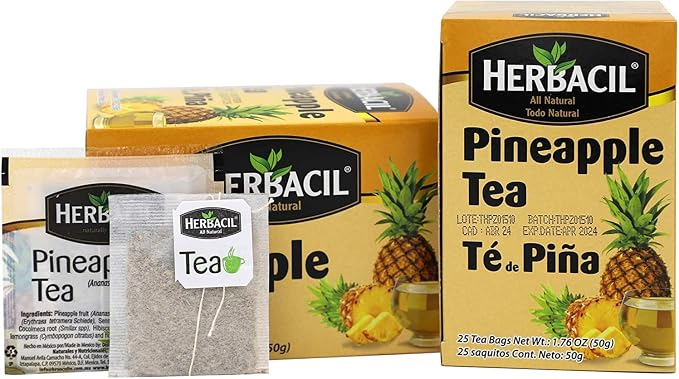 Herbacil Pineapple Tea, Herbal Blend with Dehydrated Pineapple Fruit, Caffeine-Free, All Natural, 2-Pack of 25 bags per box (50 Tea Bags), 1.76 oz Each