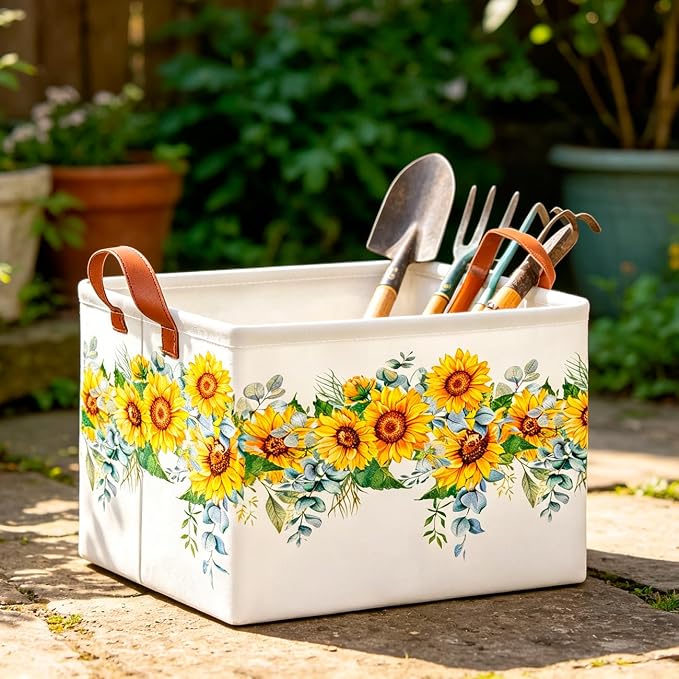 CLOCOR Rectangular Storage Basket Empty,Gift Basket,Waterproof Storage Bin with Handles,Room Decor(Sunflower Rope)