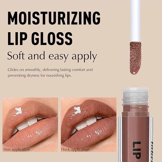 Brown Lip Liner and Gloss Kit, Matte Lip Liner Pencil with Silicone Brush for Lips Contour, Moisturizing Lightweight Non-Sticky Lip Gloss for Women High Shine Liquid Lipstick Makeup, Set C8